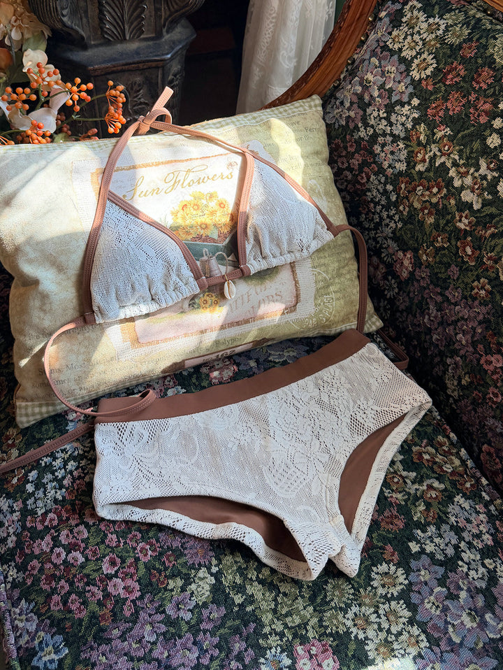 Seamolly Brown Contrast Binding Lace Shell Decor Cheeky Boyshorts Bikini Set