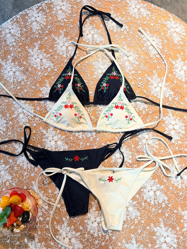 Seamolly Vintage Embroidery Halter Triangle Top & Cheeky Brazilian Bottom Bikini Set