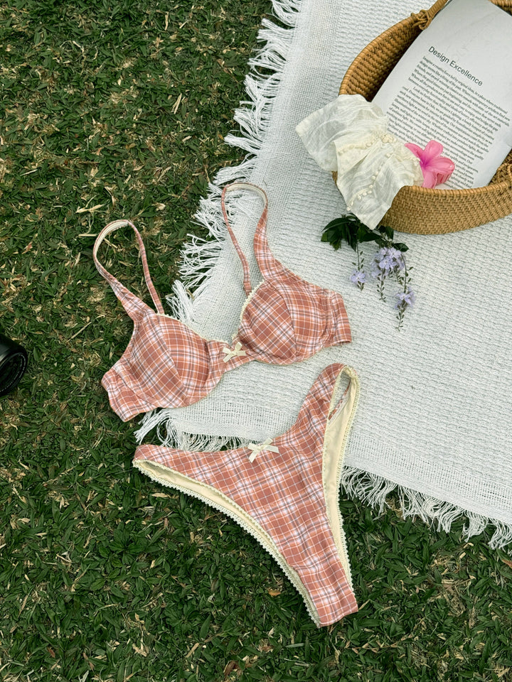 Seamolly Vintage Gingham Lace Trim Bowknot Decor Underwire Balconette Bikini Set