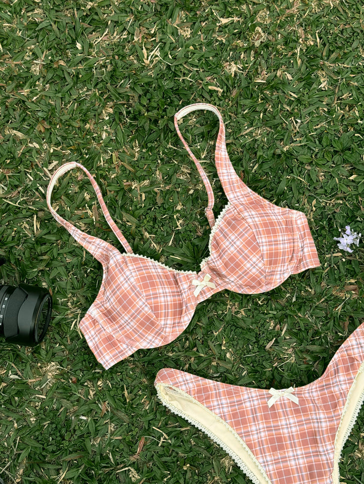 Seamolly Vintage Gingham Lace Trim Bowknot Decor Underwire Balconette Bikini Set