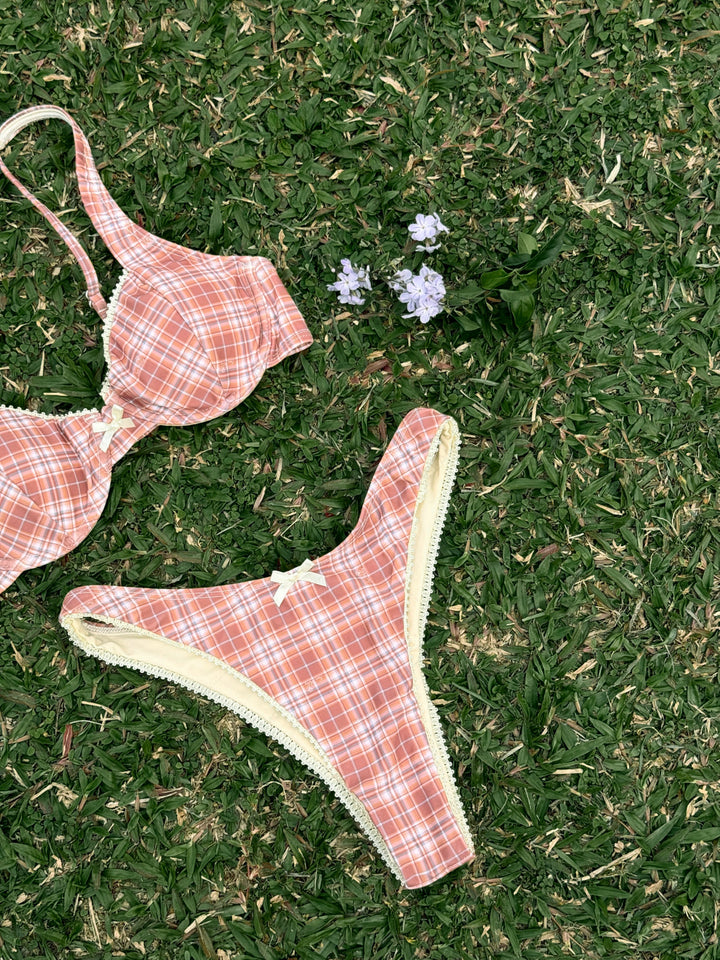 Seamolly Vintage Gingham Lace Trim Bowknot Decor Underwire Balconette Bikini Set