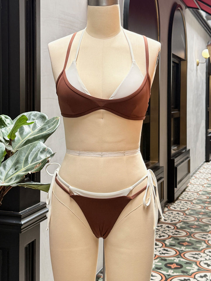 Brown Colorblock Two Tone Tie Side Double Layer Bikini Set