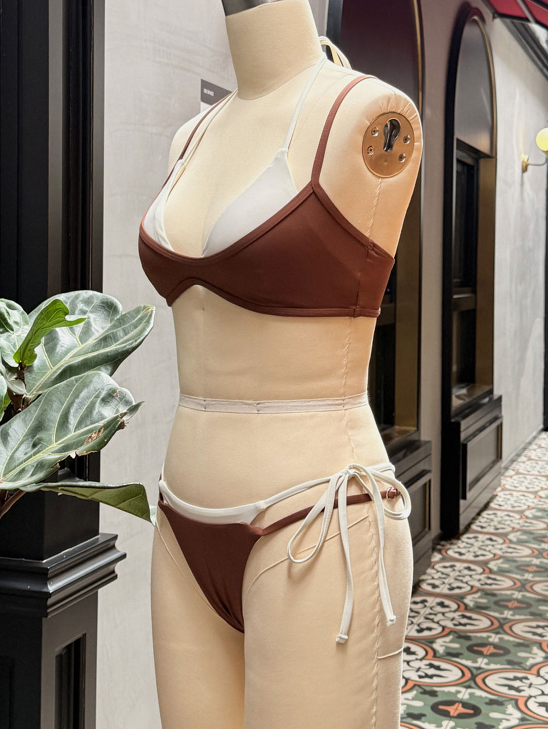 Brown Colorblock Two Tone Tie Side Double Layer Bikini Set