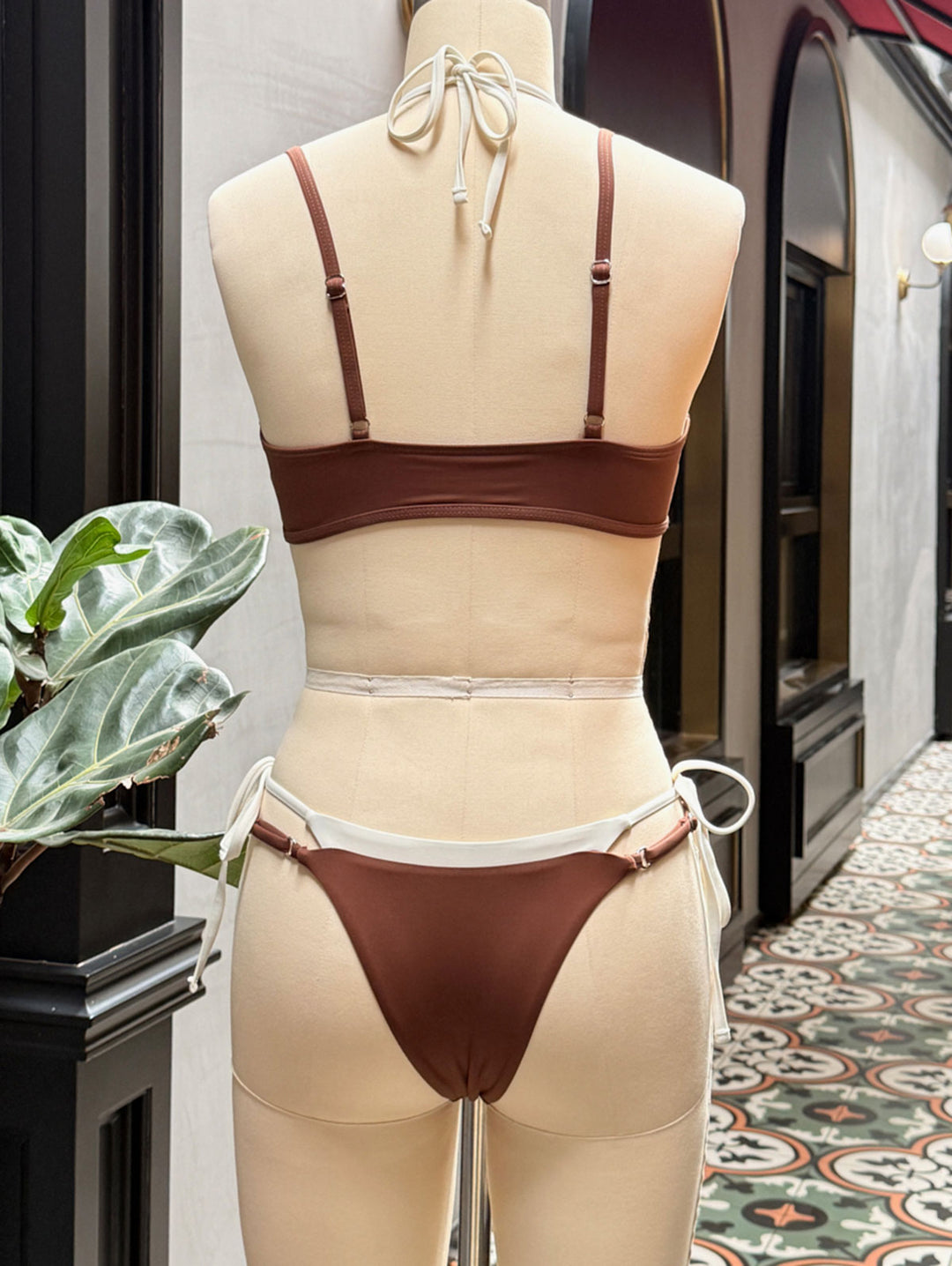 Brown Colorblock Two Tone Tie Side Double Layer Bikini Set