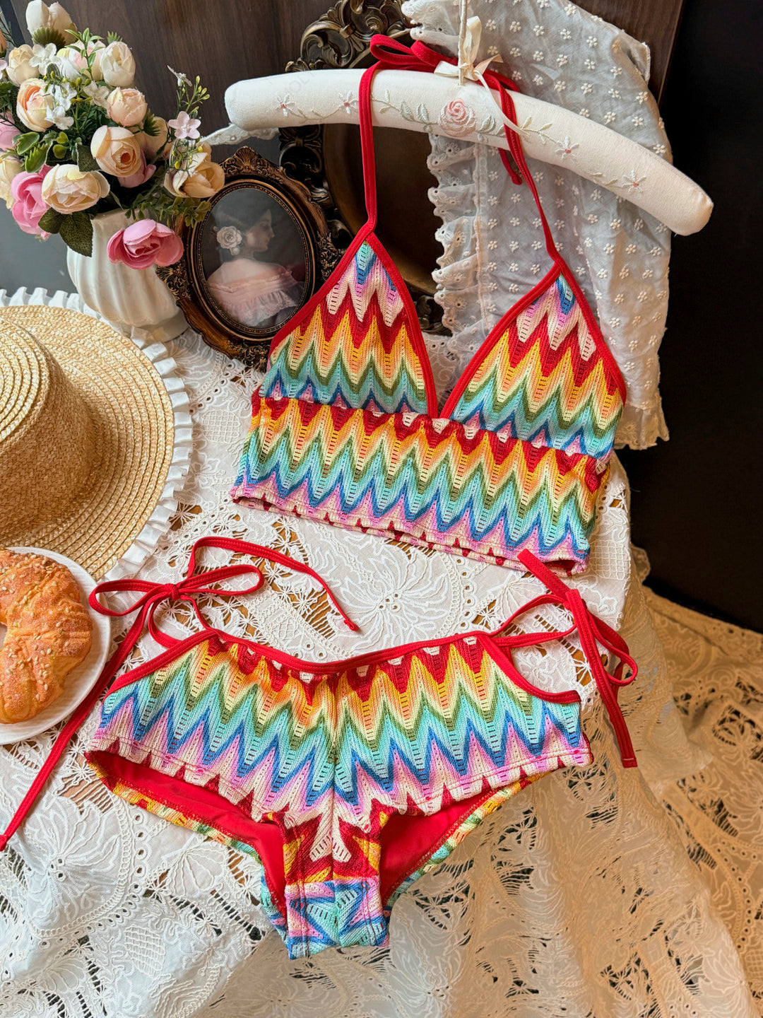 Seamolly Crochet Rainbow Chevron Halter Cutout Tied Side Cheeky Boyshorts Tankini Set