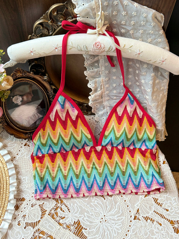Seamolly Crochet Rainbow Chevron Halter Cutout Tied Side Cheeky Boyshorts Tankini Set