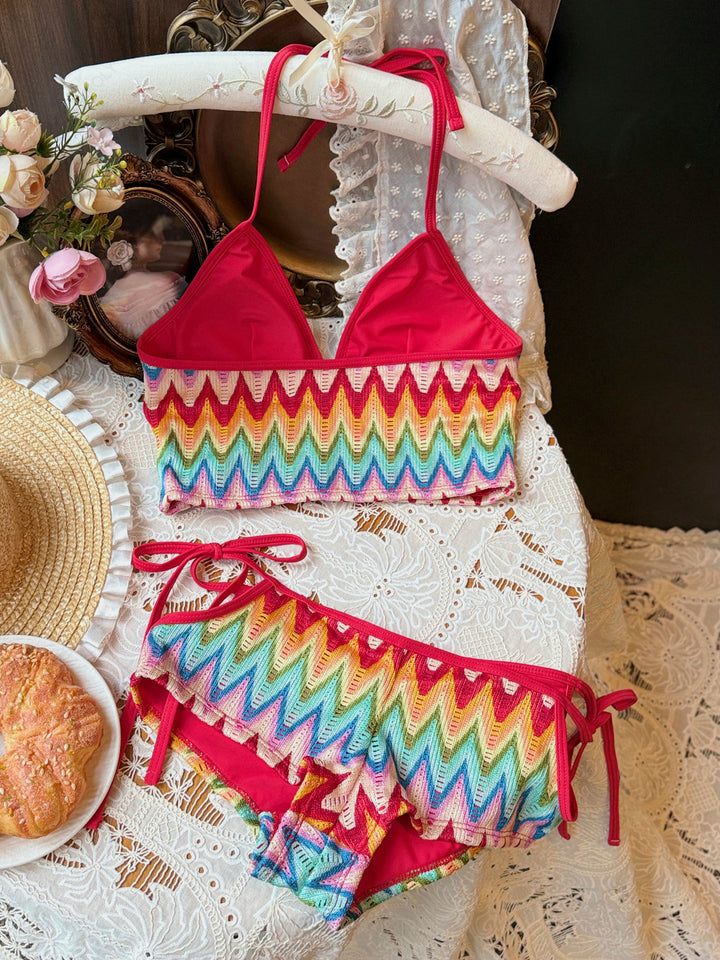 Seamolly Crochet Rainbow Chevron Halter Cutout Tied Side Cheeky Boyshorts Tankini Set