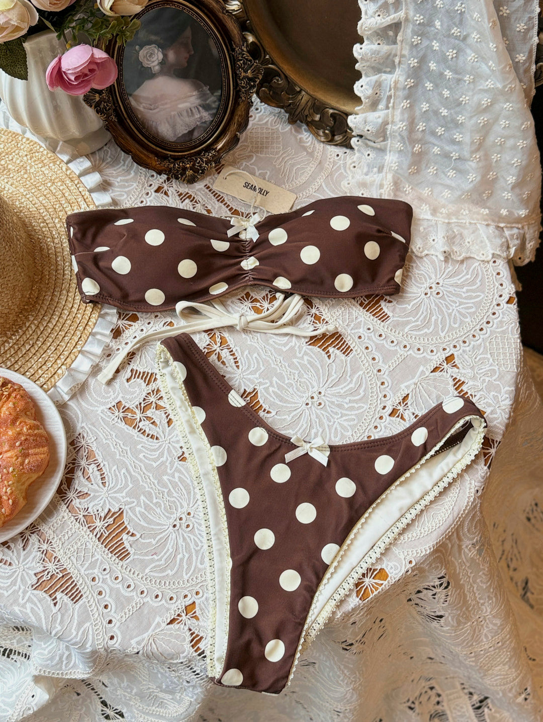 Seamolly Polka Dot Bowknot Ruched Lace Up Back Bandeau Bikini Set