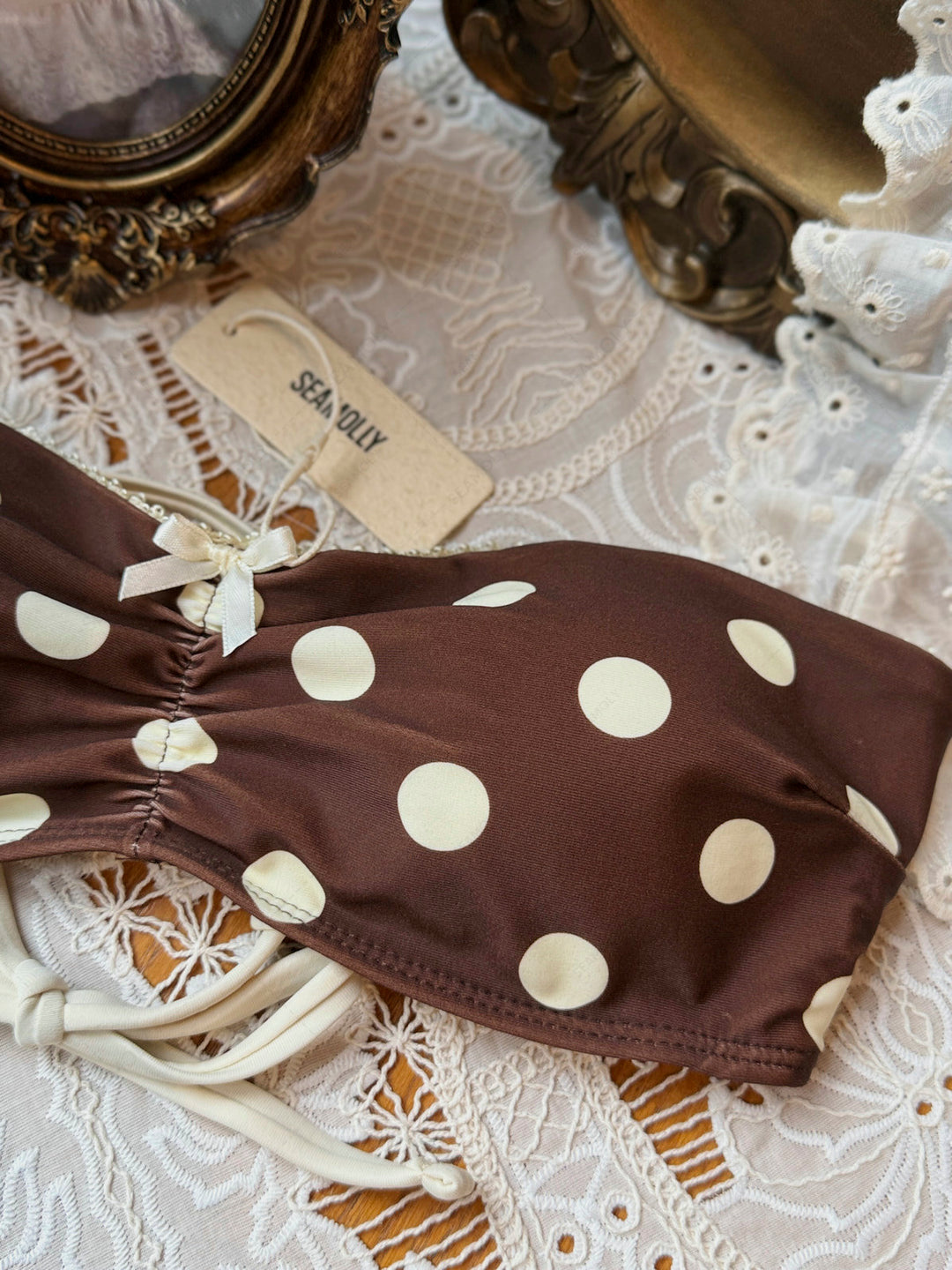 Seamolly Polka Dot Bowknot Ruched Lace Up Back Bandeau Bikini Set