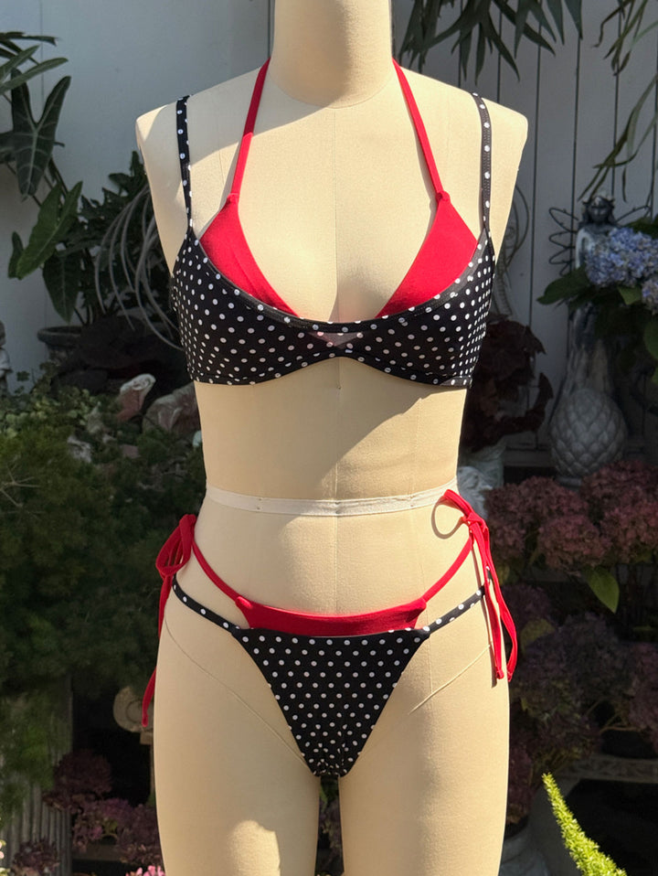 Janex Black Contrast Color Polka Dot Print String Double Layer Bikini Set