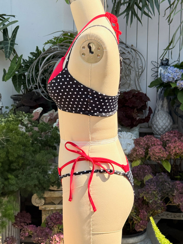 Janex Black Contrast Color Polka Dot Print String Double Layer Bikini Set