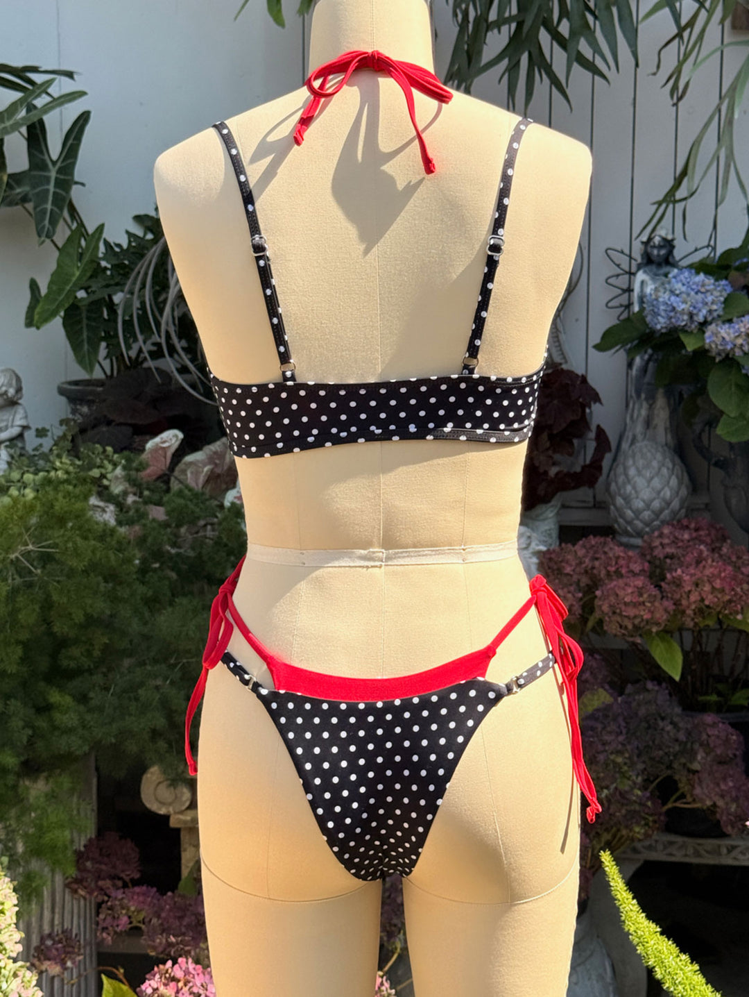 Janex Black Contrast Color Polka Dot Print String Double Layer Bikini Set