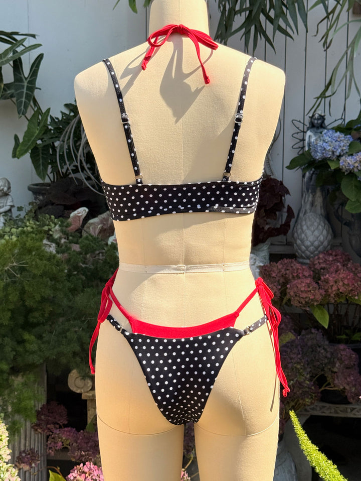 Janex Black Contrast Color Polka Dot Print String Double Layer Bikini Set