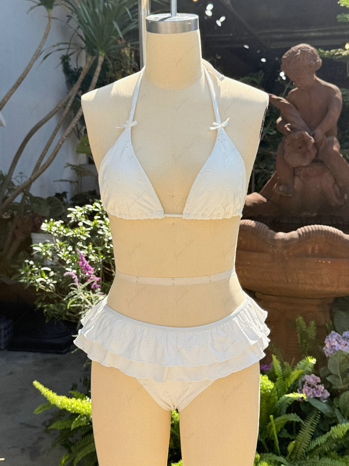 White Recycled Fabric Jacquard Layered Ruffles Triangle Skirtini Bikini Set