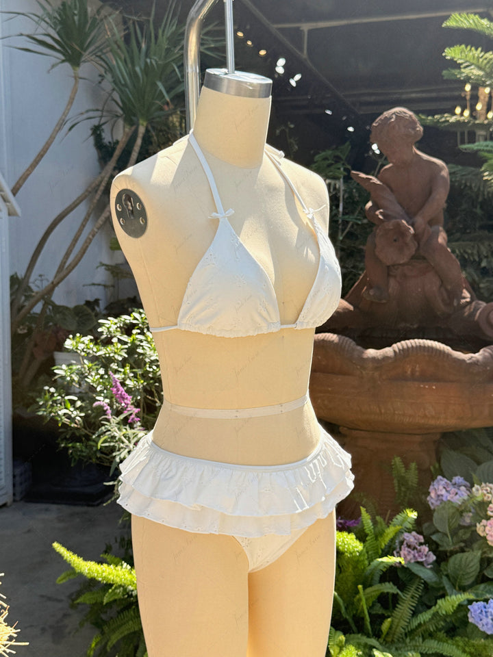 White Recycled Fabric Jacquard Layered Ruffles Triangle Skirtini Bikini Set