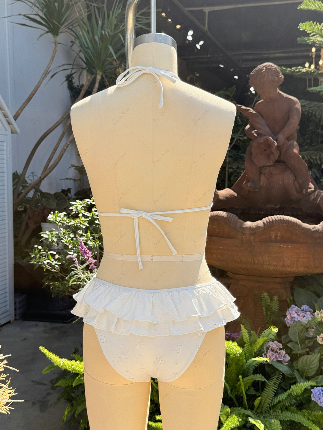 White Recycled Fabric Jacquard Layered Ruffles Triangle Skirtini Bikini Set