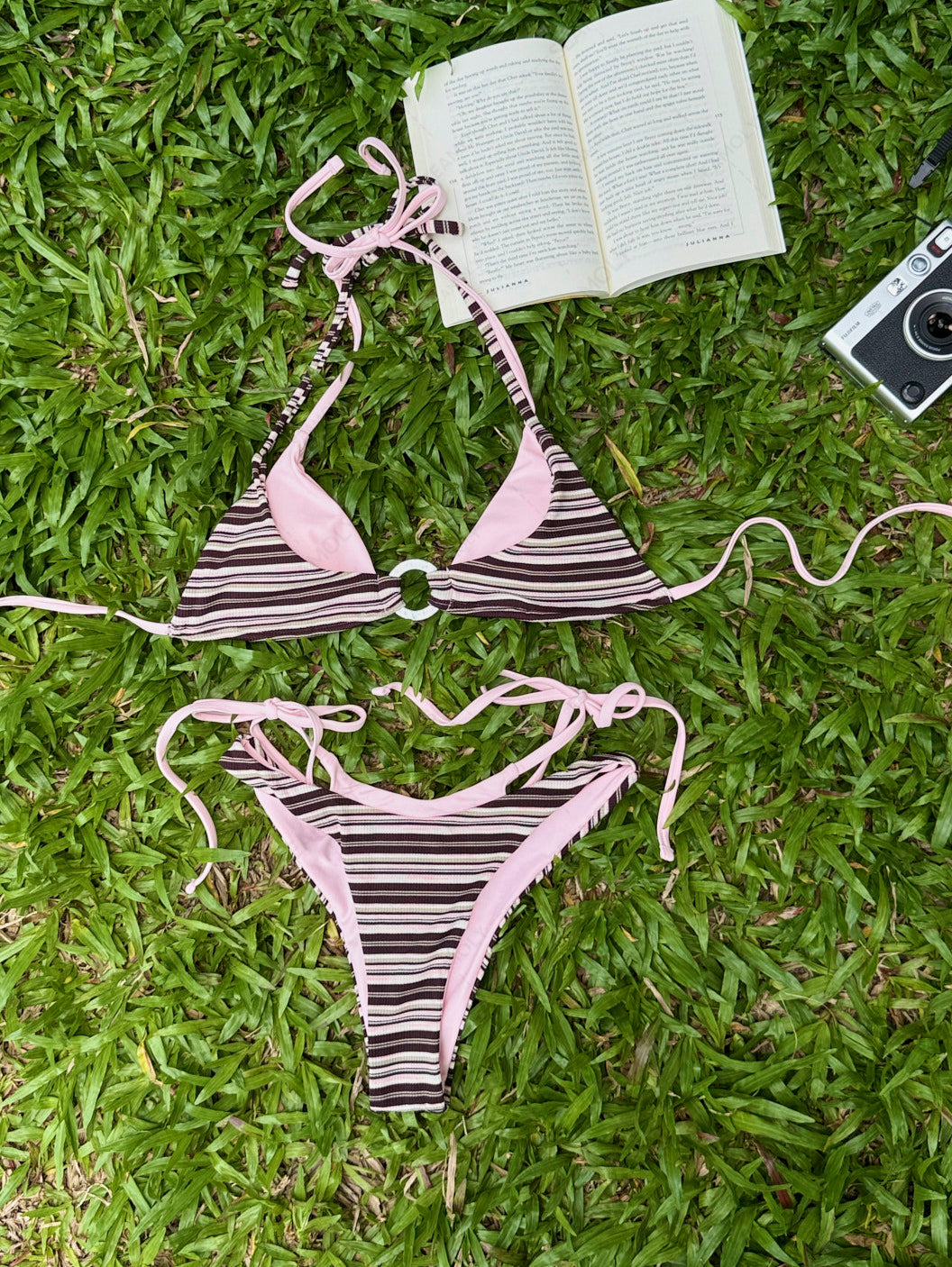 Seamolly Contrast Color Ribbed Striped O Ring Double Layer Bikini Set