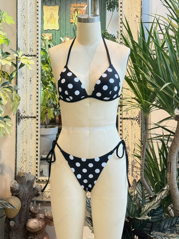 Seamolly Polka Dot Print Triangle Push Up Top & Cheeky Brazilian Bottom Bikini Set
