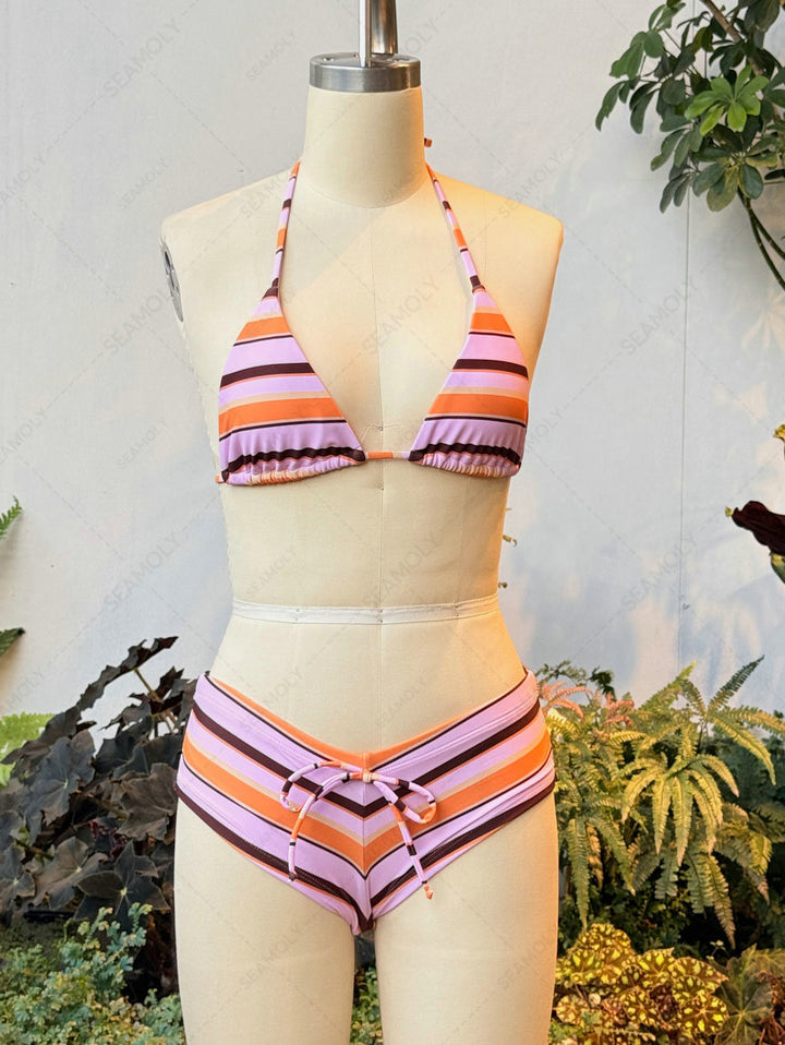 Seamolly Striped Halter Triangle Cheeky Boyshorts Bikini Set