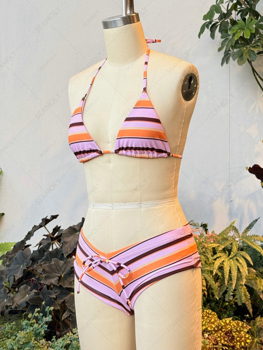 Seamolly Striped Halter Triangle Cheeky Boyshorts Bikini Set