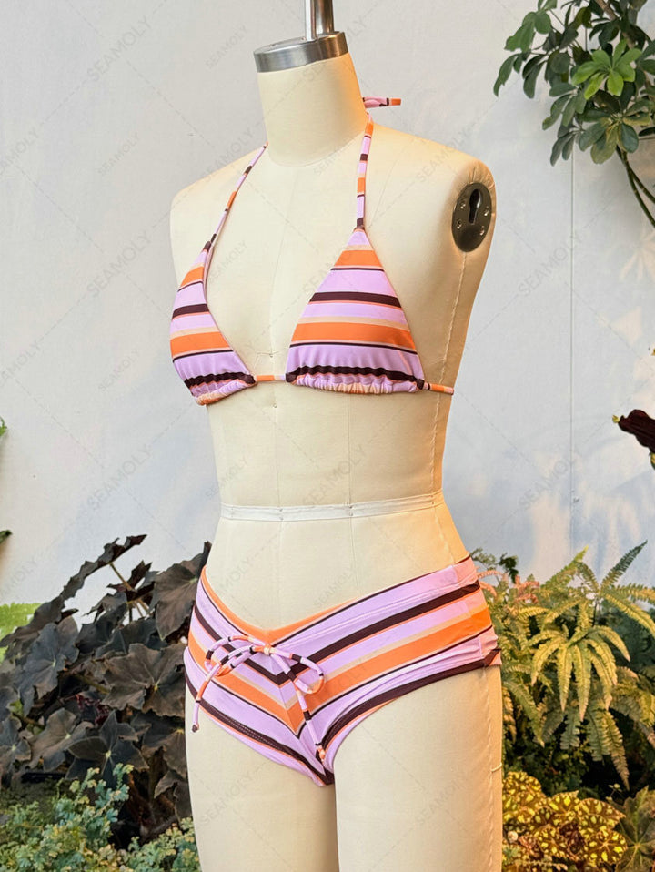 Seamolly Striped Halter Triangle Cheeky Boyshorts Bikini Set