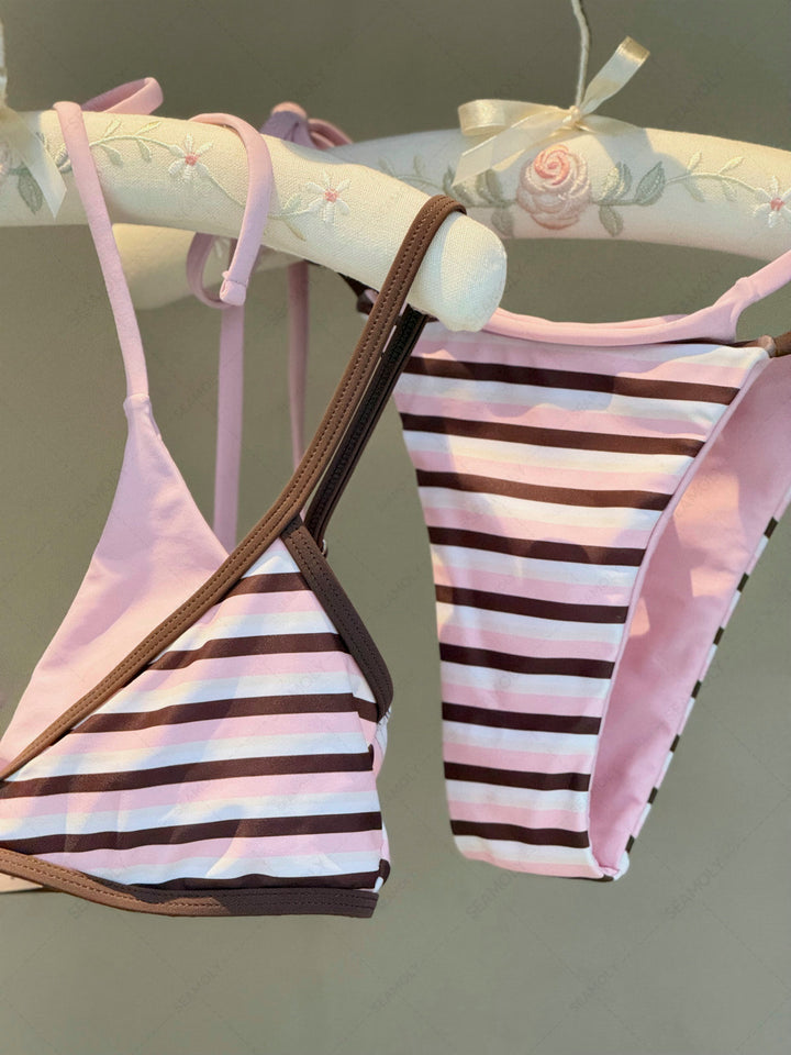 Seamolly Contrast Color Striped String Double Layer Bikini Set