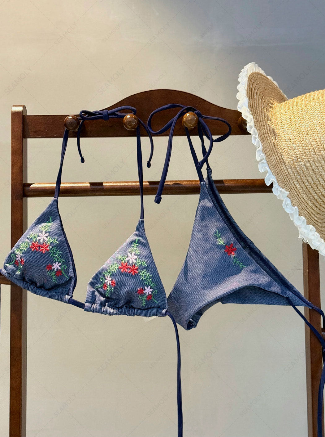 Seamolly Denim Embroidery Halter Triangle Top & Cheeky Brazilian Bottom Bikini Set