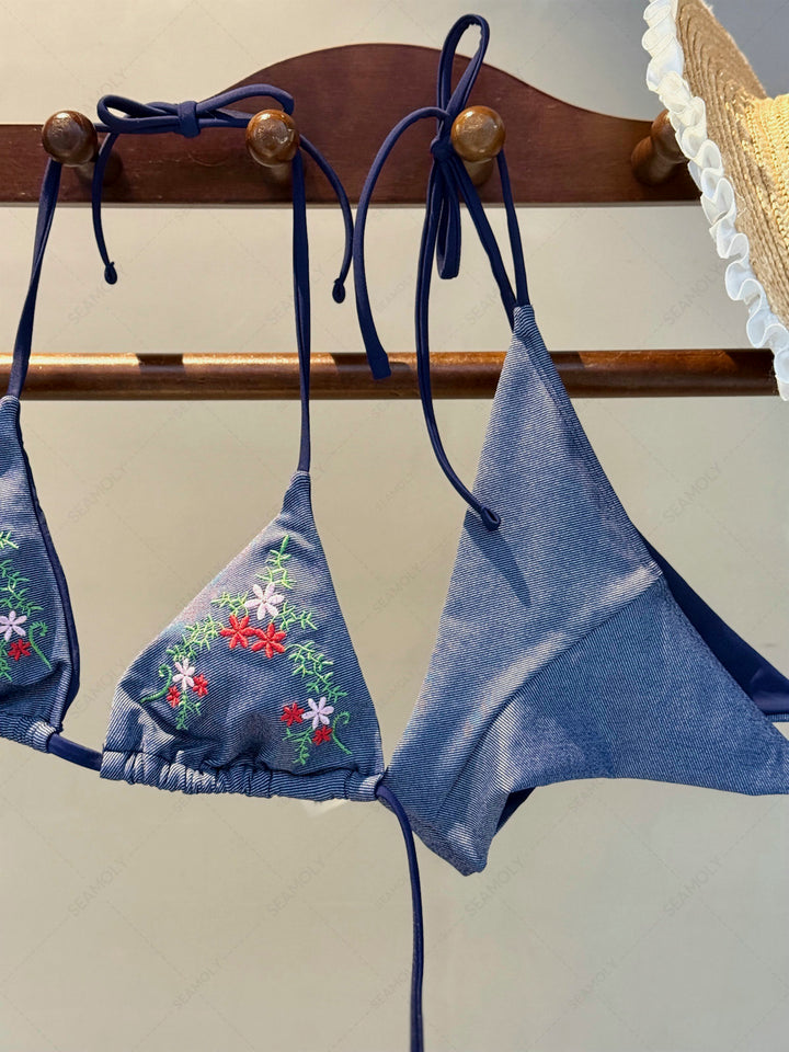 Seamolly Denim Embroidery Halter Triangle Top & Cheeky Brazilian Bottom Bikini Set