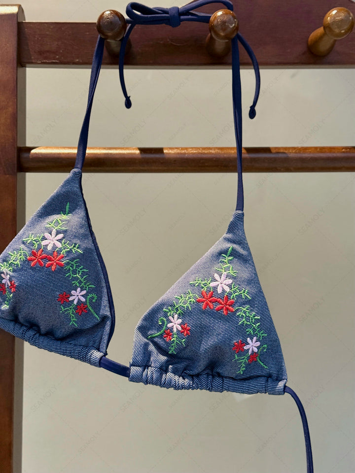 Seamolly Denim Embroidery Halter Triangle Top & Cheeky Brazilian Bottom Bikini Set
