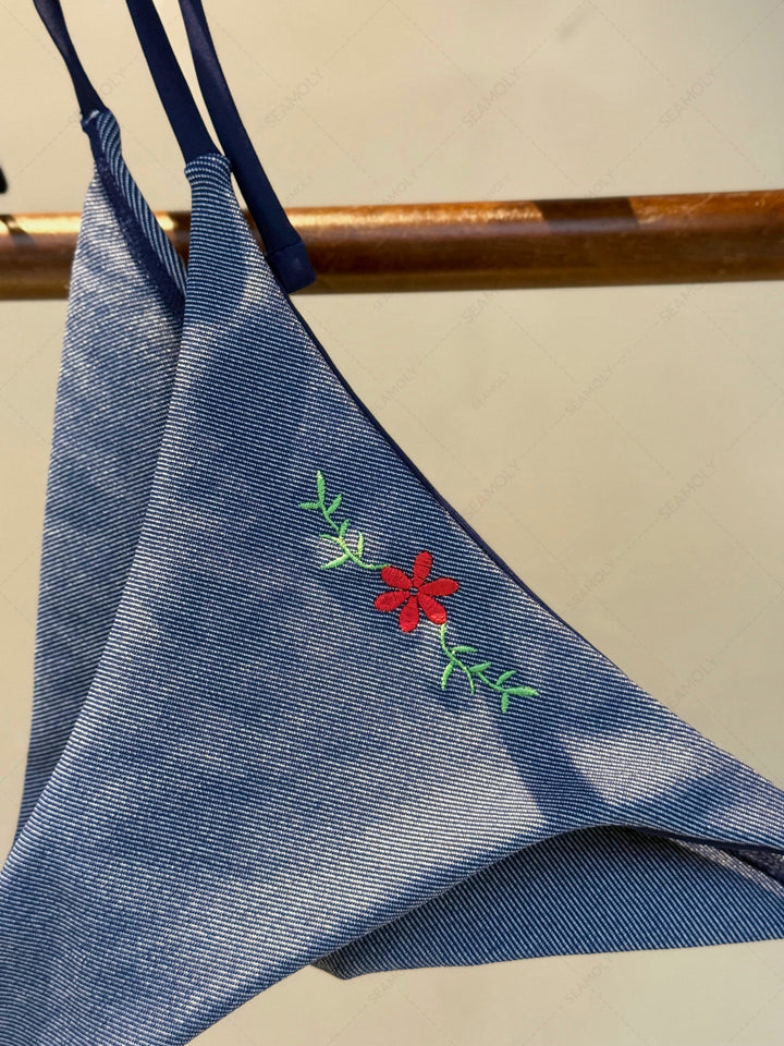 Seamolly Denim Embroidery Halter Triangle Top & Cheeky Brazilian Bottom Bikini Set