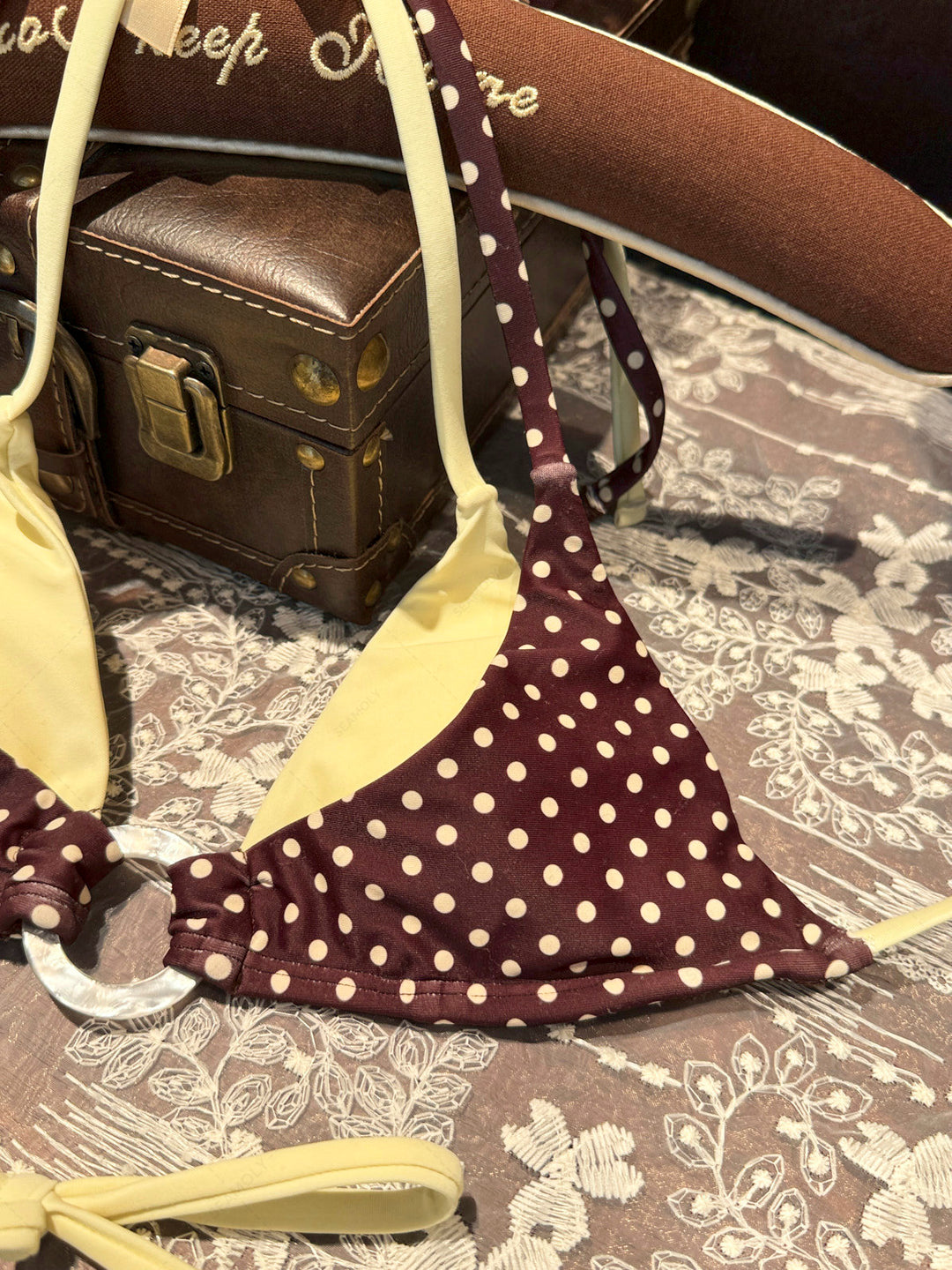 Seamolly Contrast Color Polka Dot Print O Ring Double Layer Bikini Set