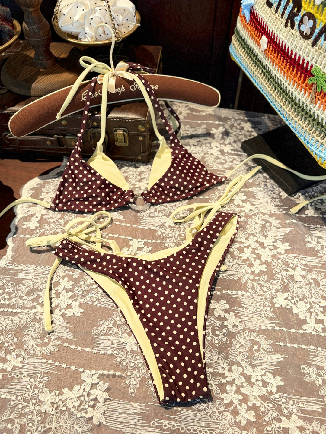 Seamolly Contrast Color Polka Dot Print O Ring Double Layer Bikini Set