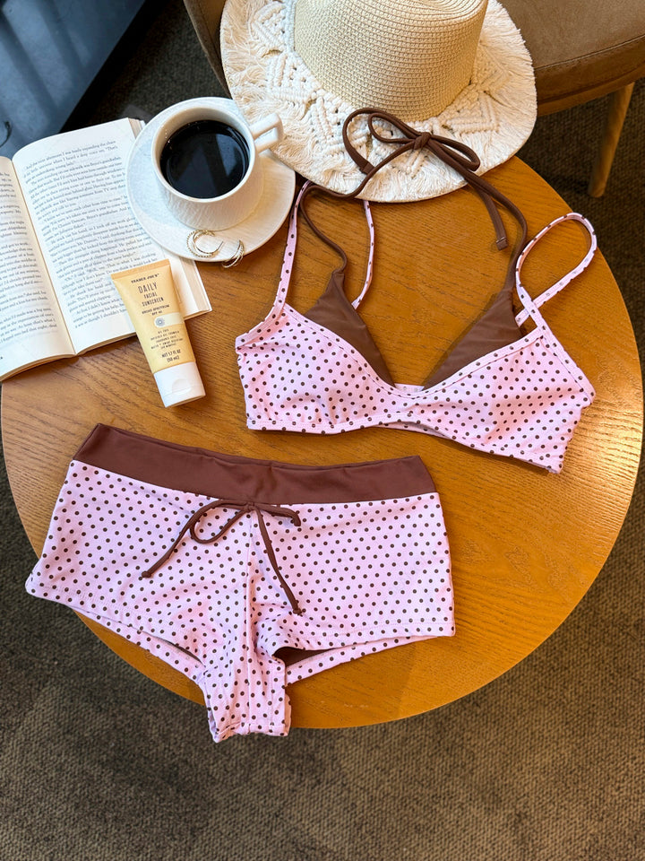 Seamolly 3 Piece Polka Dot Print Double Layer Cheeky Boyshort Bikini Set