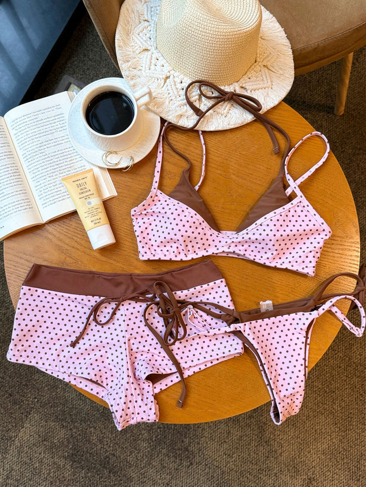Seamolly 3 Piece Polka Dot Print Double Layer Cheeky Boyshort Bikini Set