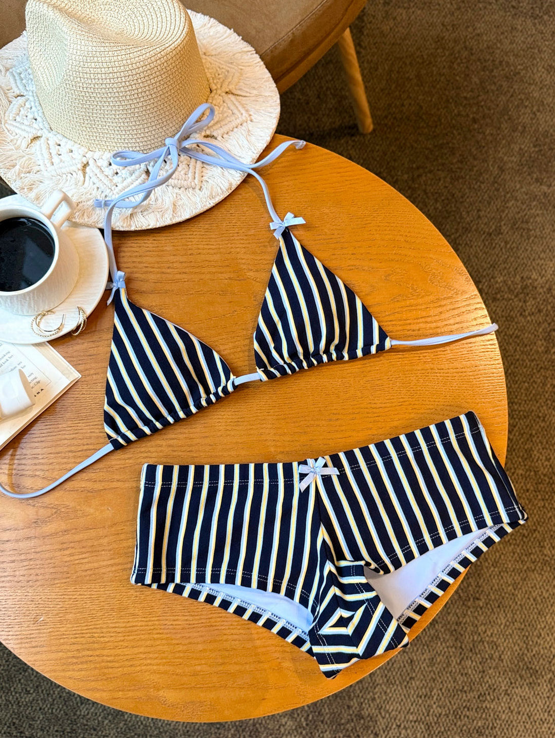 Seamolly Striped Bowknot Halter Triangle Cheeky Boyshorts Bikini Set