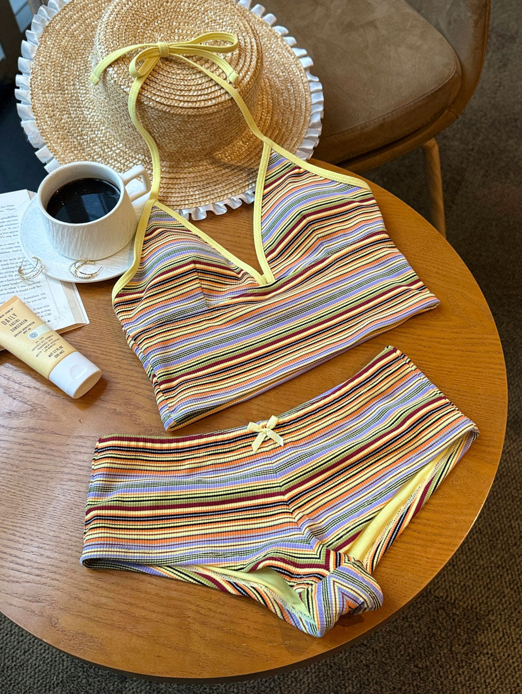 Seamolly Contrast Piping Striped Cheeky Boyshorts Tankini Set
