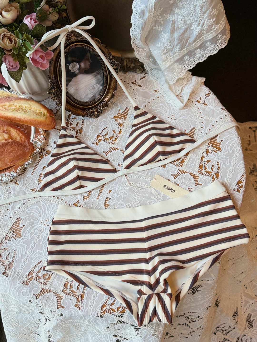 Seamolly Striped Halter Triangle Cheeky Boyshorts Bikini Set