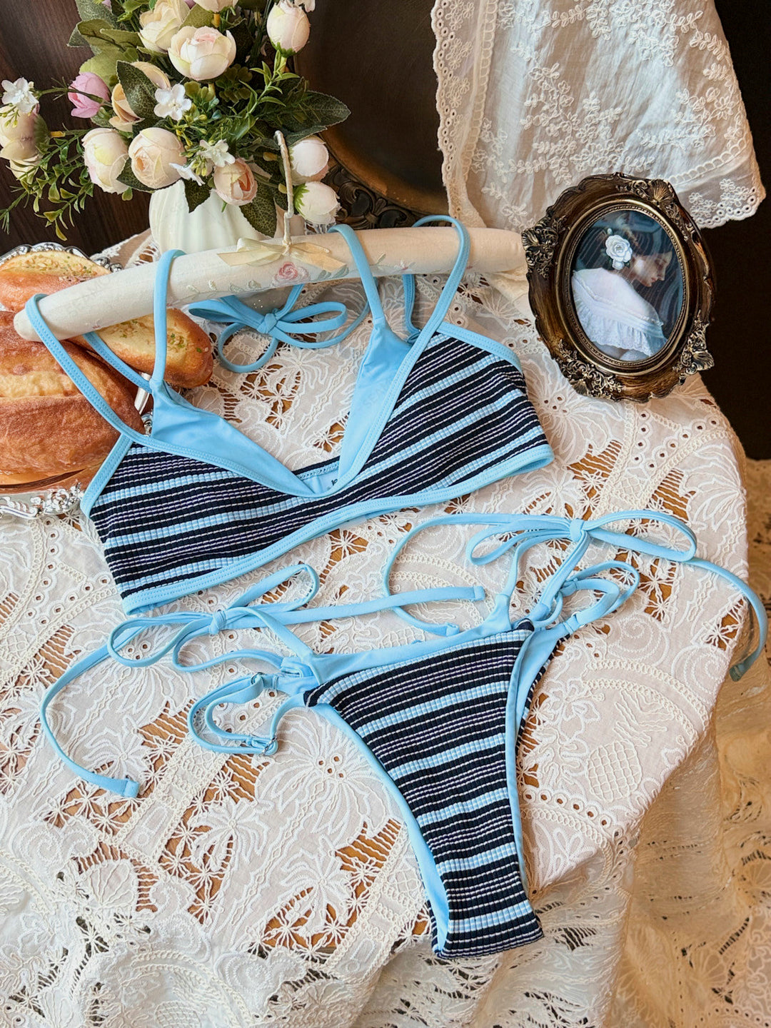 Seamolly Contrast Color Striped String Double Layer Bikini Set