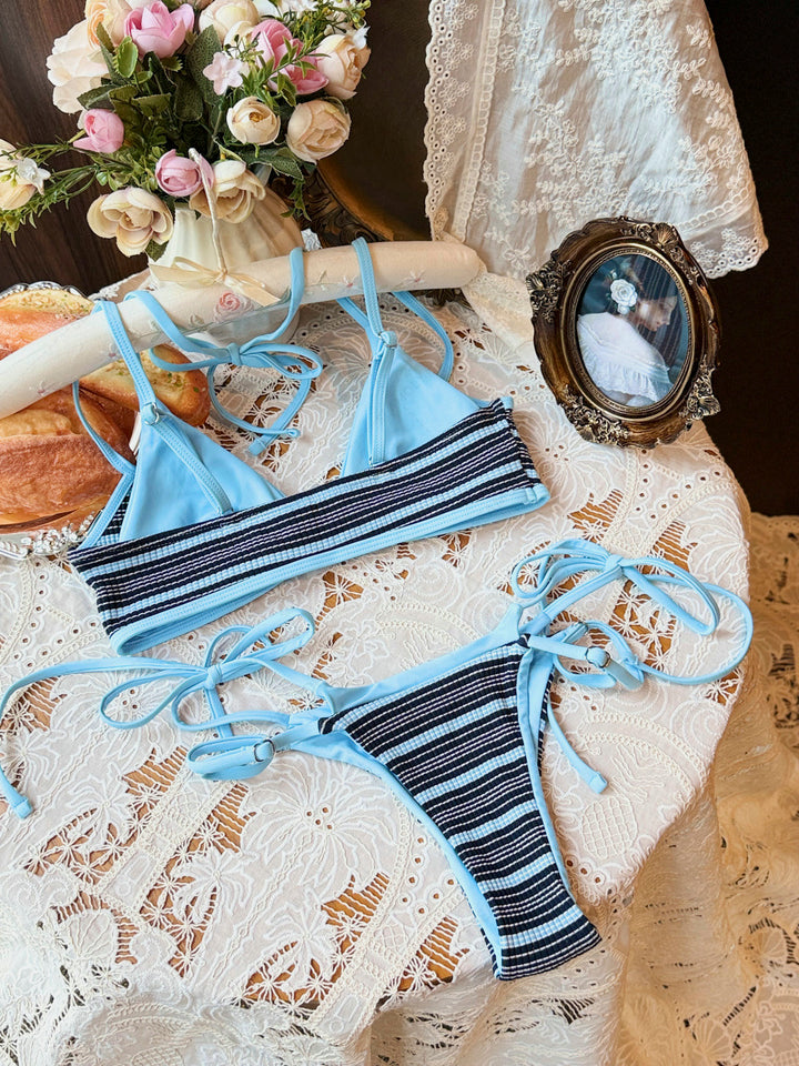 Seamolly Contrast Color Striped String Double Layer Bikini Set