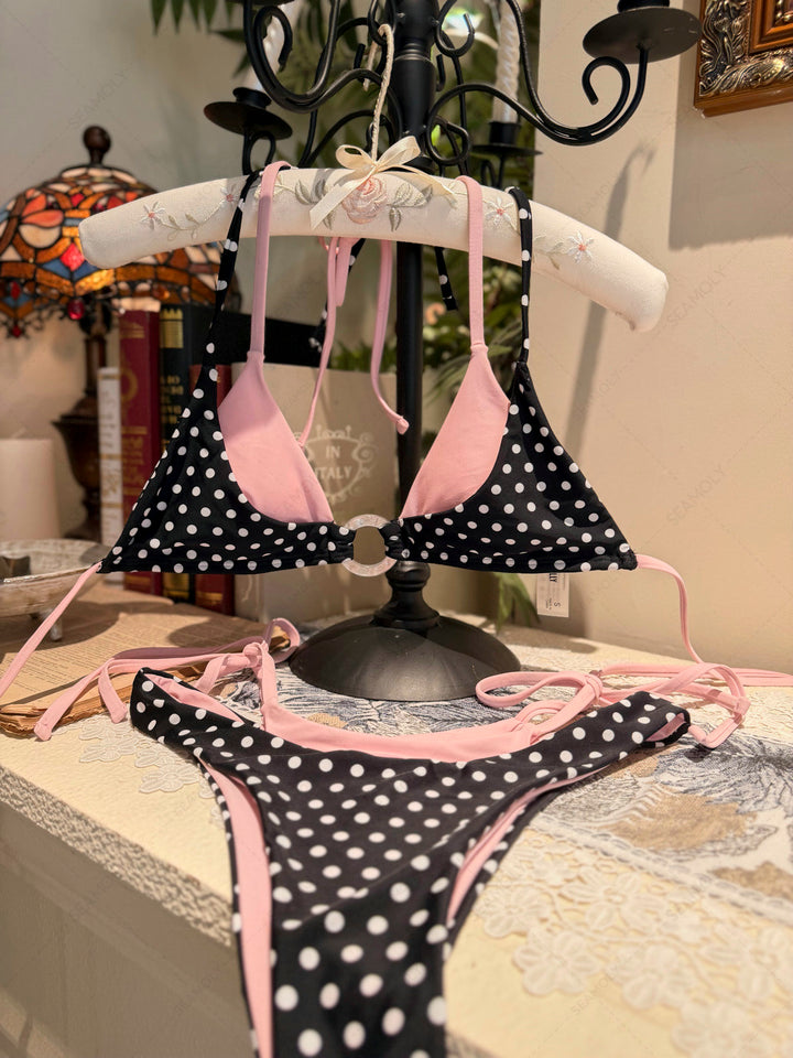 Seamolly Contrast Color Polka Dot Print O Ring Double Layer Bikini Set