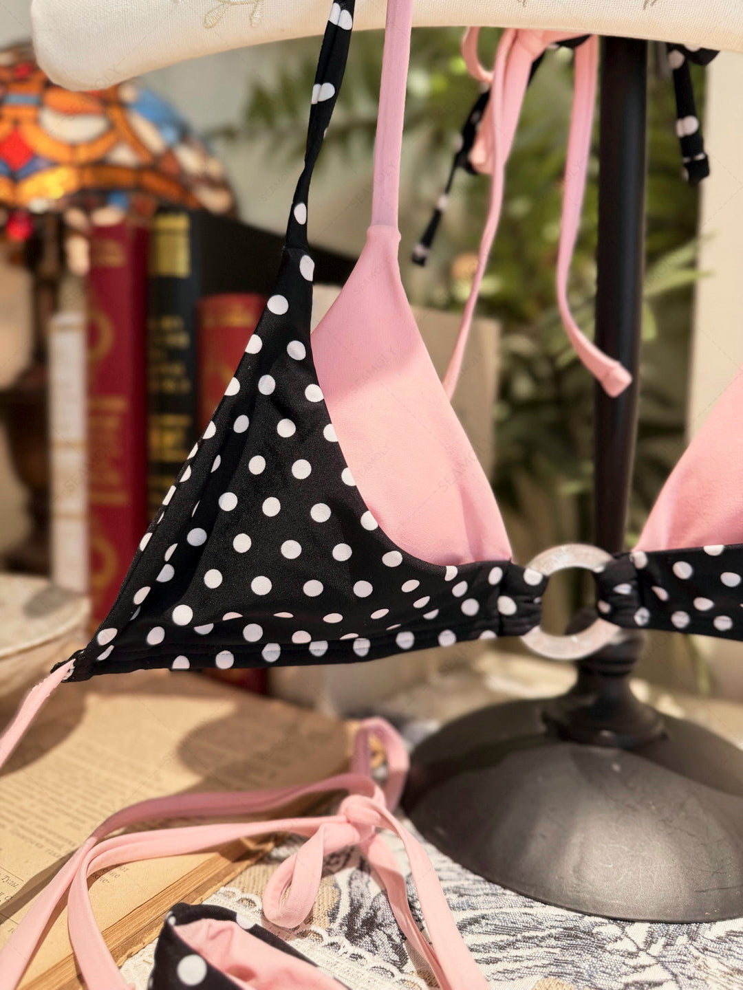 Seamolly Contrast Color Polka Dot Print O Ring Double Layer Bikini Set