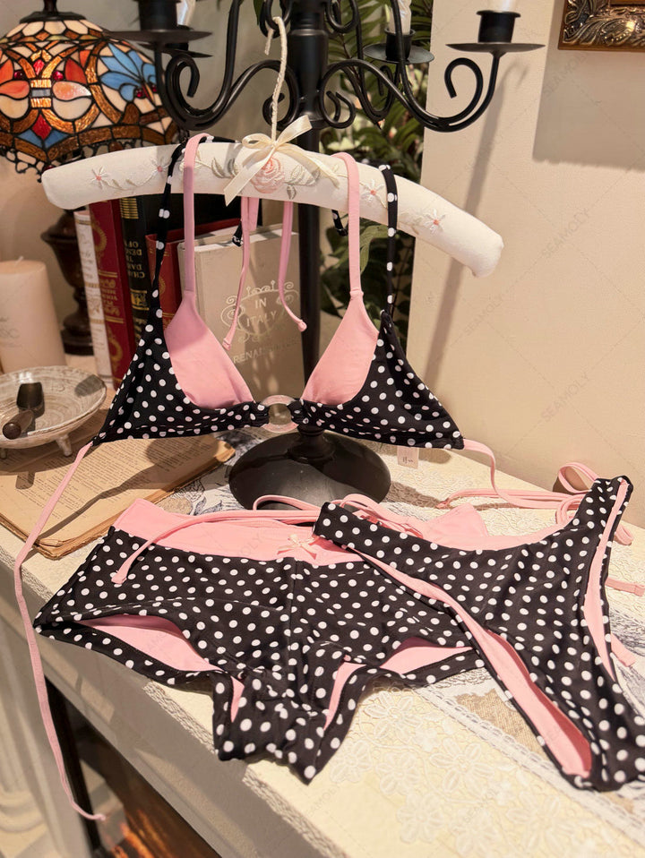 Seamolly Contrast Color Polka Dot Print O Ring Double Layer Bikini Set