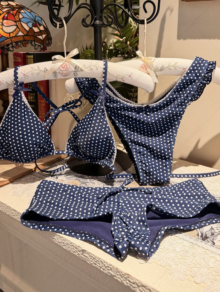 Seamolly Polka Dot Lace Bowknot Halter Tied 3 Piece Boyshort Bikini Set