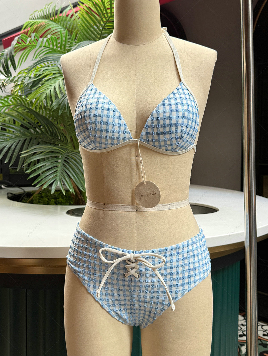 Light Blue Gingham Textured Halter Triangle Push Up Bikini Set