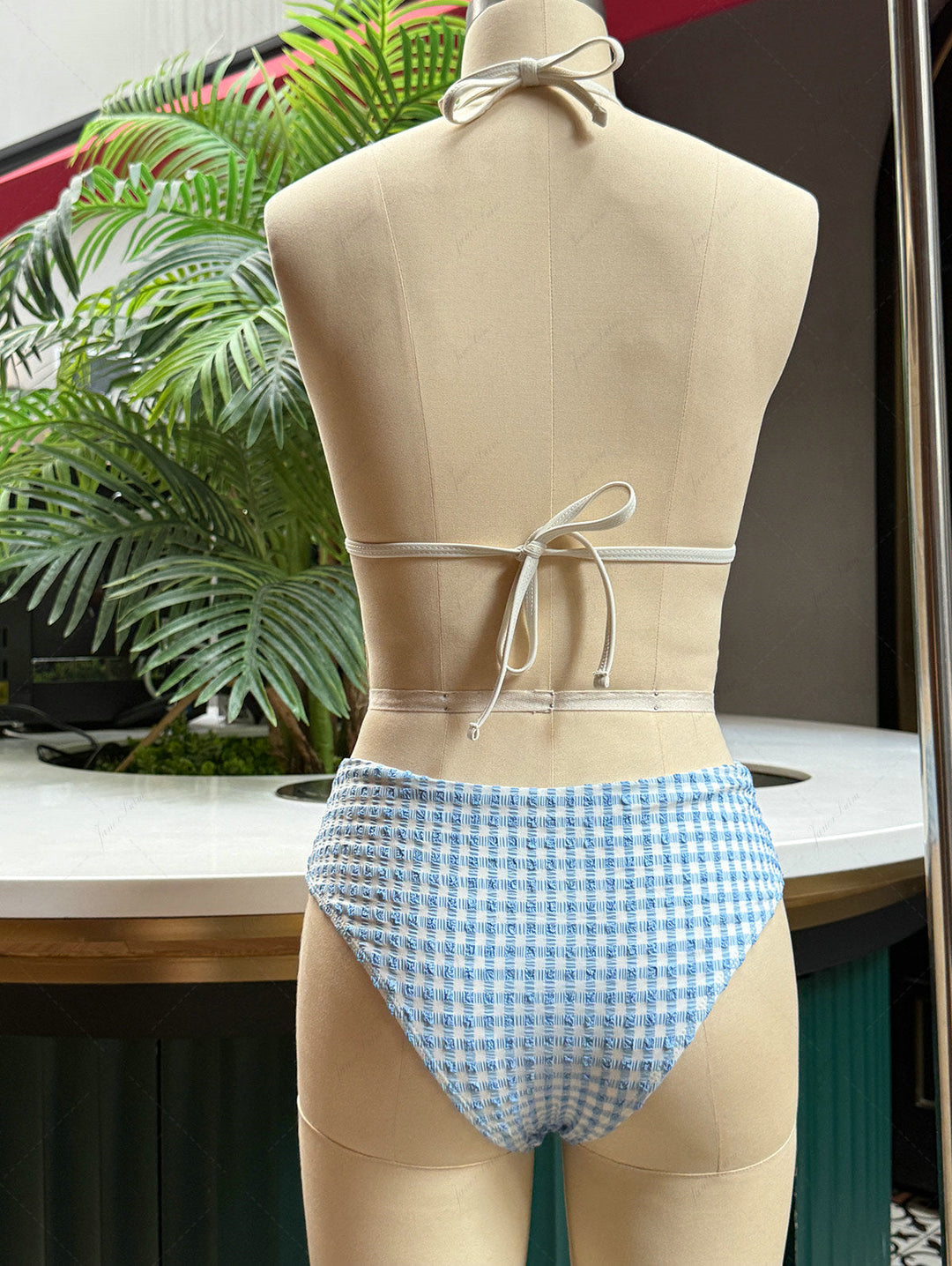 Light Blue Gingham Textured Halter Triangle Push Up Bikini Set
