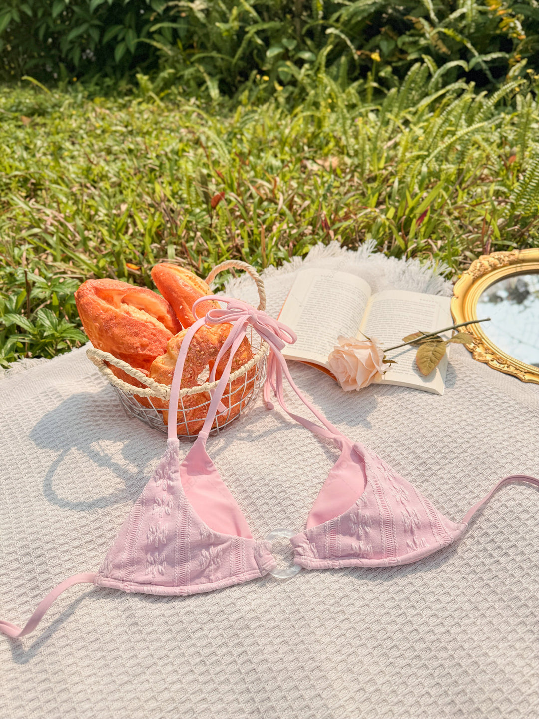 Seamolly Light Pink Floral Jacquard Textured O Ring Double Layer Bikini Set