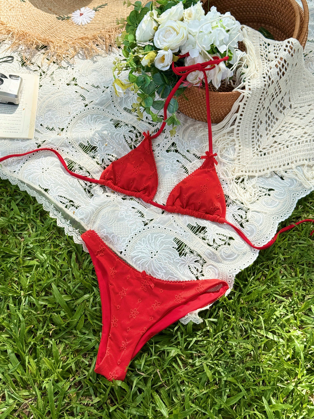 Seamolly Recycled Fabric Floral Jacquard Lace Trim Halter Triangle Cheeky Bikini Set