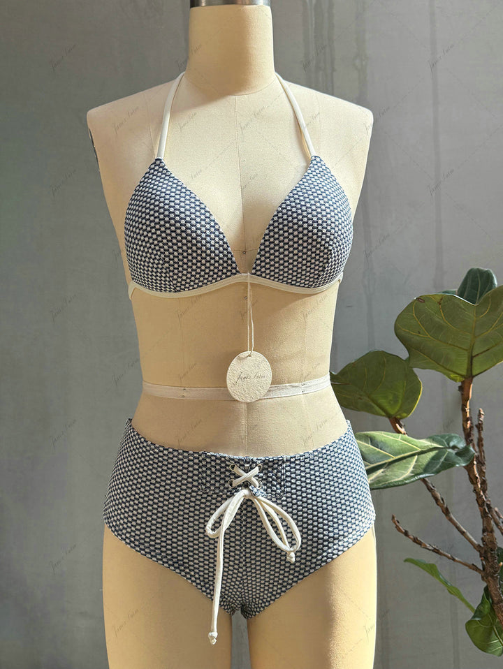 Deep Blue Polka Dot Print Triangle Push Up Top & Cheeky Boyshort Bikini Set