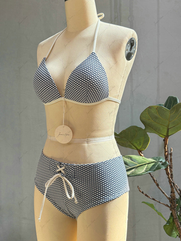 Deep Blue Polka Dot Print Triangle Push Up Top & Cheeky Boyshort Bikini Set
