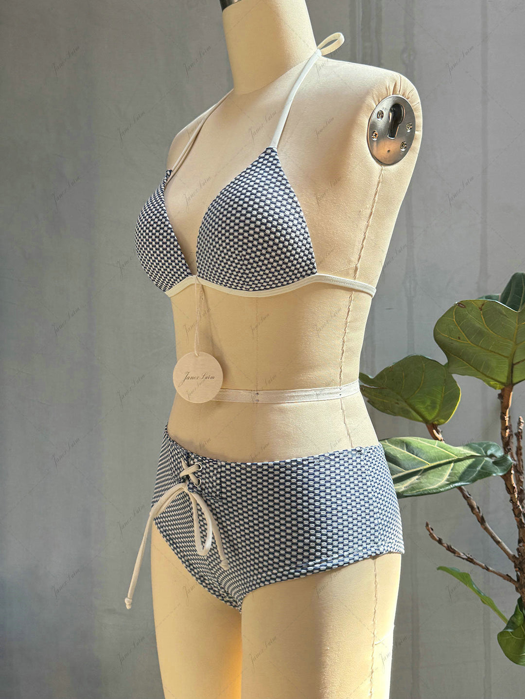 Deep Blue Polka Dot Print Triangle Push Up Top & Cheeky Boyshort Bikini Set